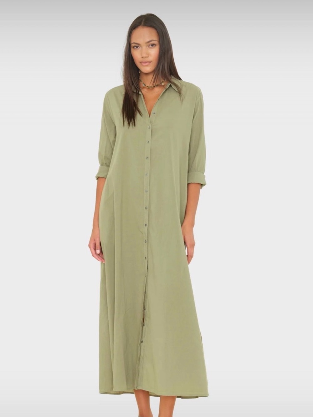 XiRENA Olive Button-Front Maxi Shirt Dress